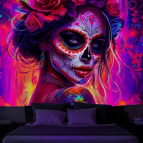 Halloween Schwarzlicht Zuckerskelett Braut Wandteppich UV-reaktiv Leuchten im Dunkeln Wald Trippy Bergnebel Friedhof Geist hängender Wandteppich Wandkunst Wandmalerei für Wohnzimmer Schlafzimmer Image