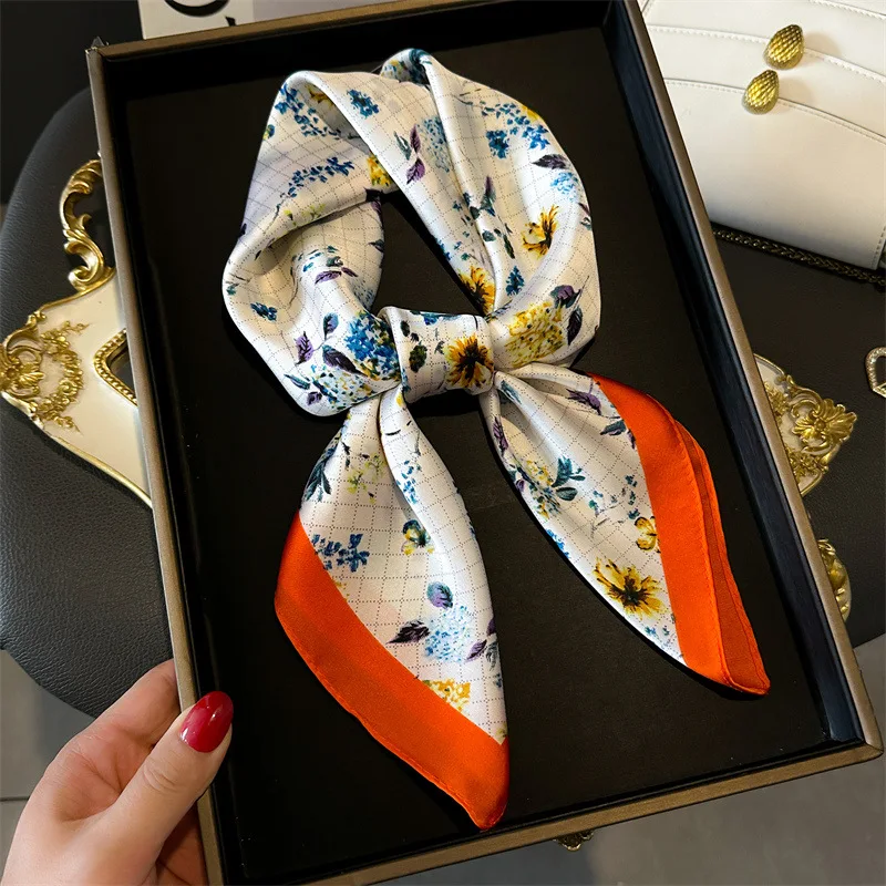 Frühling Quadratischer Schal Damen Print Schal Luxus Imitation Seide Halstuch Bandanas Foulard Haarbänder Wraps Für Reisen Strand Image