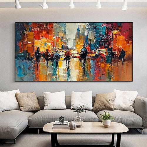 handgefertigtes Ölgemälde auf Leinwand, Wandkunst, Dekoration, abstraktes Gemälde einer städtischen Straßenszene, Figurengemälde für die Inneneinrichtung, gerolltes, rahmenloses, ungedehntes Gemälde Image