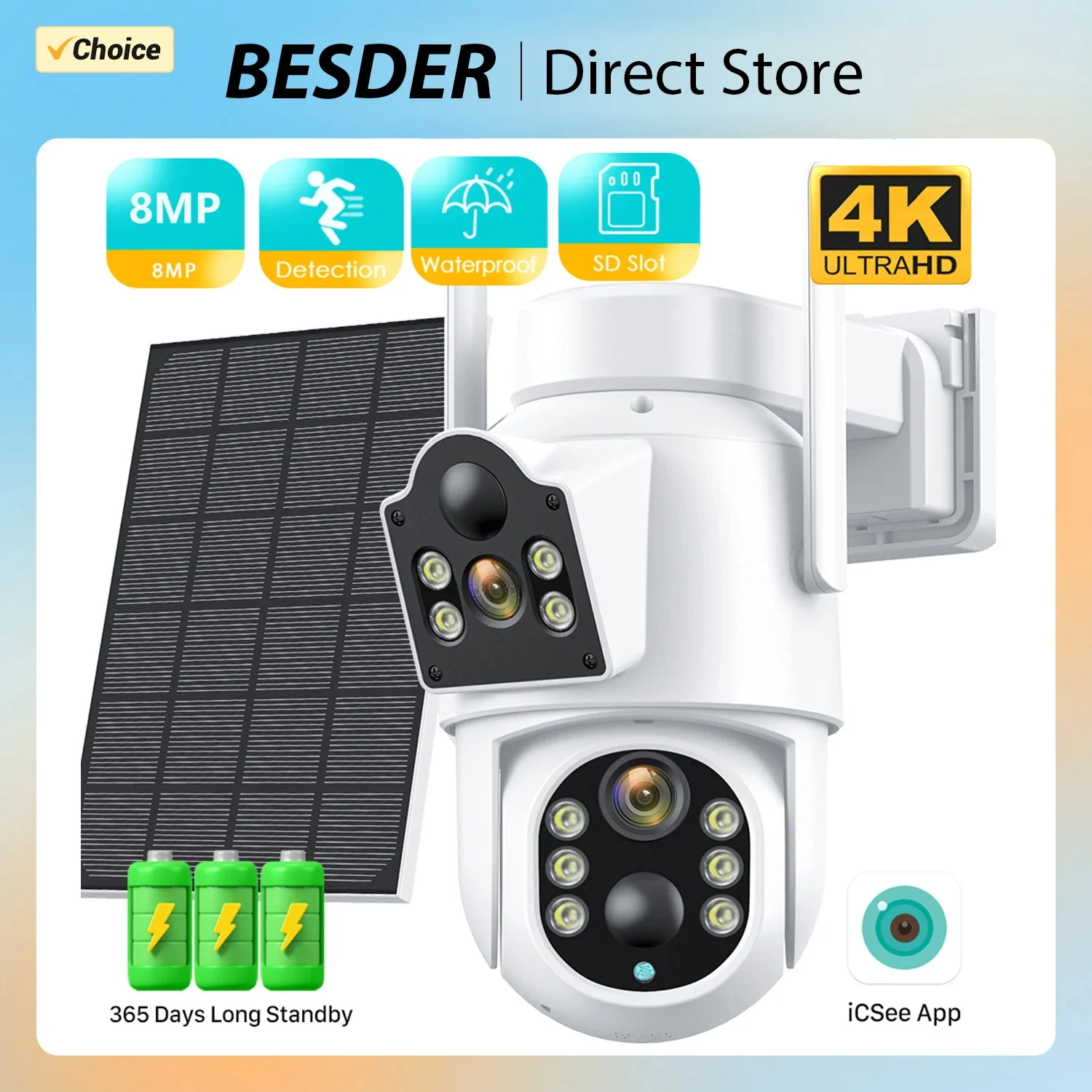4K 8MP WiFi PTZ Kamera Outdoor Solar IP Kamera PIR Nachtsicht CCTV Sicherheit Schutz Monitor Lange Zeit Standby iCsee APP Image