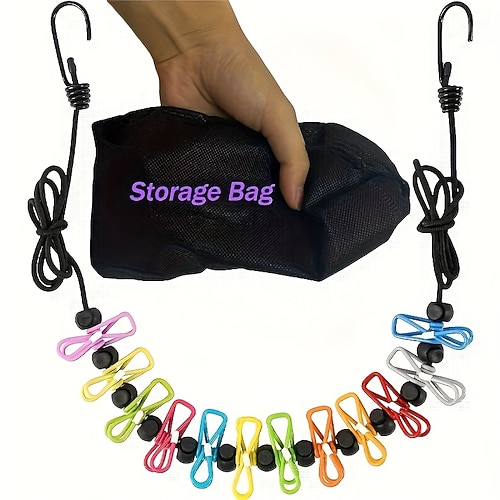 einziehbare tragbare Reise-Wäscheleine mit 12 Wäscheklammern, geeignet zum Waschen und Trocknen im Innenbereich, Outdoor-Camping-Zubehör, Wäscheleinen Image