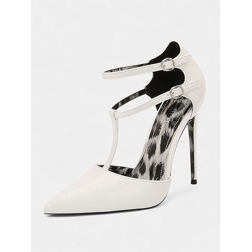 Damen-Stilettos aus weißem Lackleder mit Doppelriemen – sexy Pumps mit spitzer Spitze für das Nachtleben und Clubpartys Image