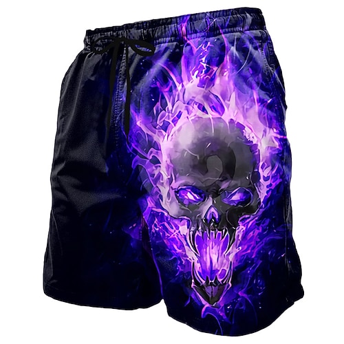 Herren Skull Flame Kostüme Schwimmshorts Schwimmhosen Boardshorts Mittlere Taille Dunkler Punk Gothic Stil Urlaub Streetwear Seitentaschen Netzfutter Elastischer Bindegürtel Designer Kleidung Image
