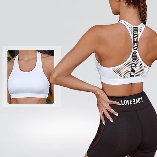 Damen Racerback-BH Yoga Crop Tank Top Sport-BH Unterwäsche Unterstützung Atmungsaktiv Hohl Gefüttert Einfarbig Sport Sportkleidung Schwarz Weiß Fitnessstudio Volleyball Laufen Image