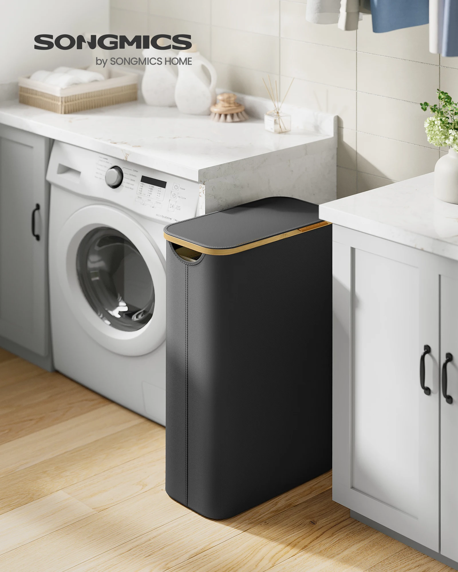 SONGMICS Wäschekorb mit Deckel, Wäschesammler 65 L, herausnehmbarer Wäschesack,Oxford-Gewebe,Griffe aus Bambus, zusammenklappbar