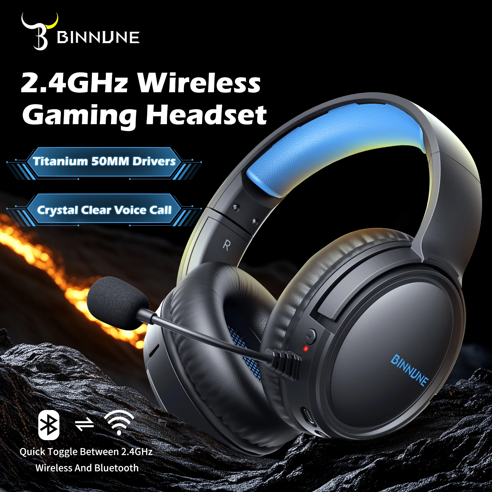 BINNUNE BW02 Drahtlose Headsets Gamer für PS5 PS4 PC,NS, Bluetooth 5.2 USB-Gaming-Kopfhörer mit Mikrofon-Geräuschunterdrückung Image