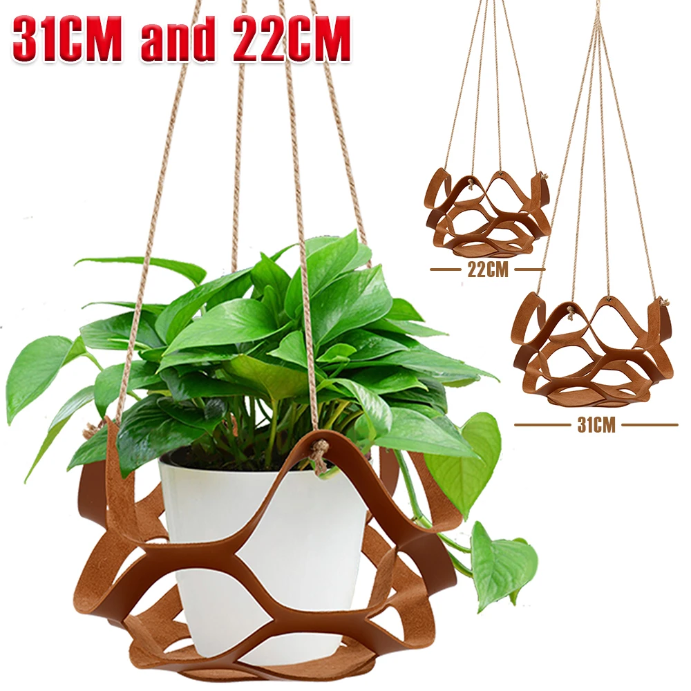 2 Stück hängender Pflanzenkorb aus PU-Leder für drinnen und draußen, Hängekorb, Blumentopfhalter, 31 cm und 22 cm, dekorativer Blumentopfständer Image