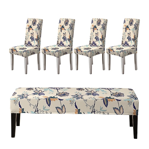 Bedruckte Stuhlhussen und Bankhussen-Sets für Esszimmerstühle, bestehend aus 5 Stück, 4 Stuhlhussen und 1 Bankhusse Image