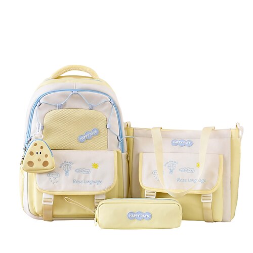 Set di 3 zaini gialli per il ritorno a scuola per ragazze: grazioso zaino scolastico Happy Days con borsa, astuccio e pochette - kit di zaini leggeri ed estetici