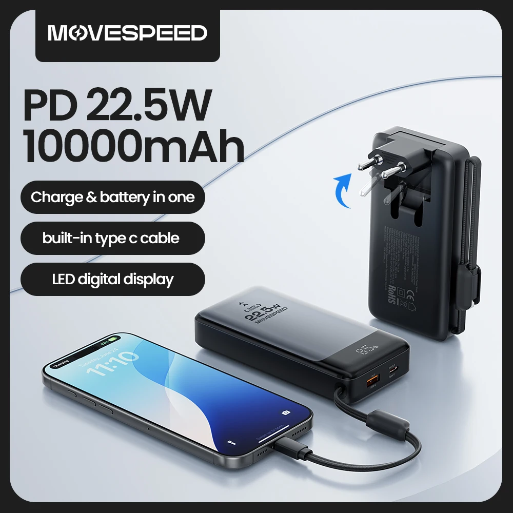 MOVESPEED MSP17 Power Bank 10000 mAh 22,5 W Tragbares Schnellladegerät und Akku in einer Powerbank mit klappbarem EU-Stecker für Smartphone Image