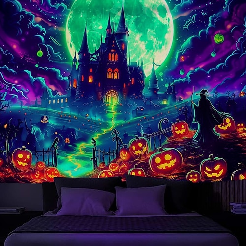 Halloween Schwarzlicht Wandteppich Hexen Schloss UV reaktiv Leuchten im Dunkeln Wald verzerrter Berg nebliger Friedhof Geist hängender Wandteppich Wandkunst Wandmalerei für Wohnzimmer Schlafzimmer Image
