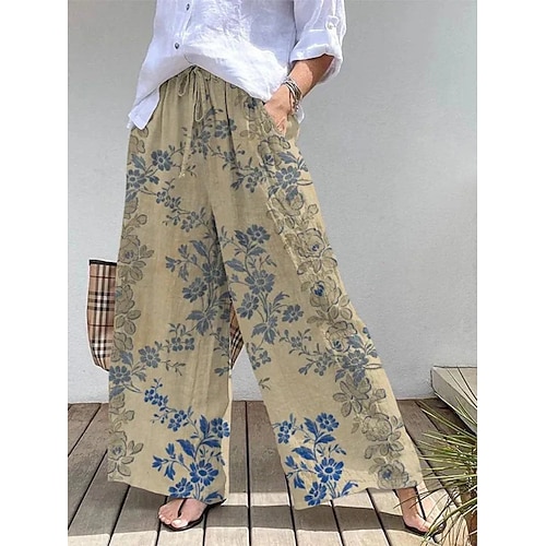 Damen Weite Hosenbeine Urlaub Vintage Ethno-Stil Volle Länge Hohe Taille Blumen Grafik Schnelltrocknend Atmungsaktivität Weich Unelastisch Lässig Outdoor Urlaub Gelb Rot Khaki Kaffee Sommer Frühling Image