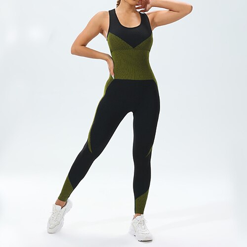 Damen Scrunch Yoga-Strampler Trainingsoveralls Rückenfrei Farbblock Einteiler Sommer Wasserblau Armeegrün Fitnesstraining Hohe Taille Bauchkontrolle Elastisch Atmungsaktiv Ärmellos Sport Sportkleidung Image