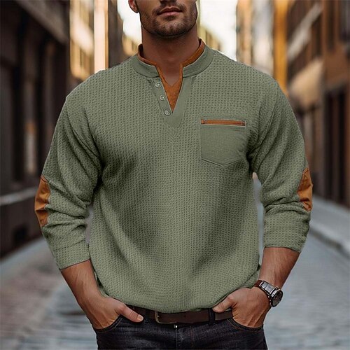 Herren Waffel-Sweatshirt Schwarz Marineblau Grün Grau Henley Einfach Reißverschluss Fronttasche Lässig Täglich Ferien Streetwear Cool Designer Frühling Herbst Bekleidung Kapuzenpullover Sweatshirts Image