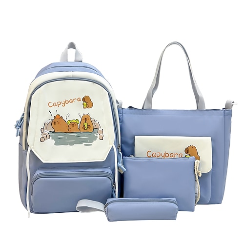 Set di 4 zaini neri per il ritorno a scuola per ragazze – zaino scolastico con cartone animato capibara con borsa, astuccio e pochette – grazioso e resistente kit per studenti