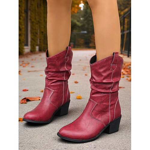 braune, lässige Damenstiefel mit Blockabsatz in halbhoher Höhe – Kunstlederstiefel im Vintage-Western-Stil für Country-Outfits, Bauernhofbesuche und Herbstfeste Image