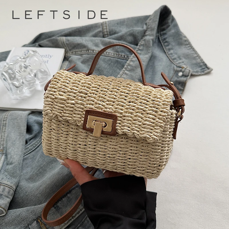 LEFTSIDE Mini borse a tracolla in paglia intrecciata per donna 2025 Nuova borsa a tracolla con patta in rafia stile francese estivo Borse da spiaggia per donna
