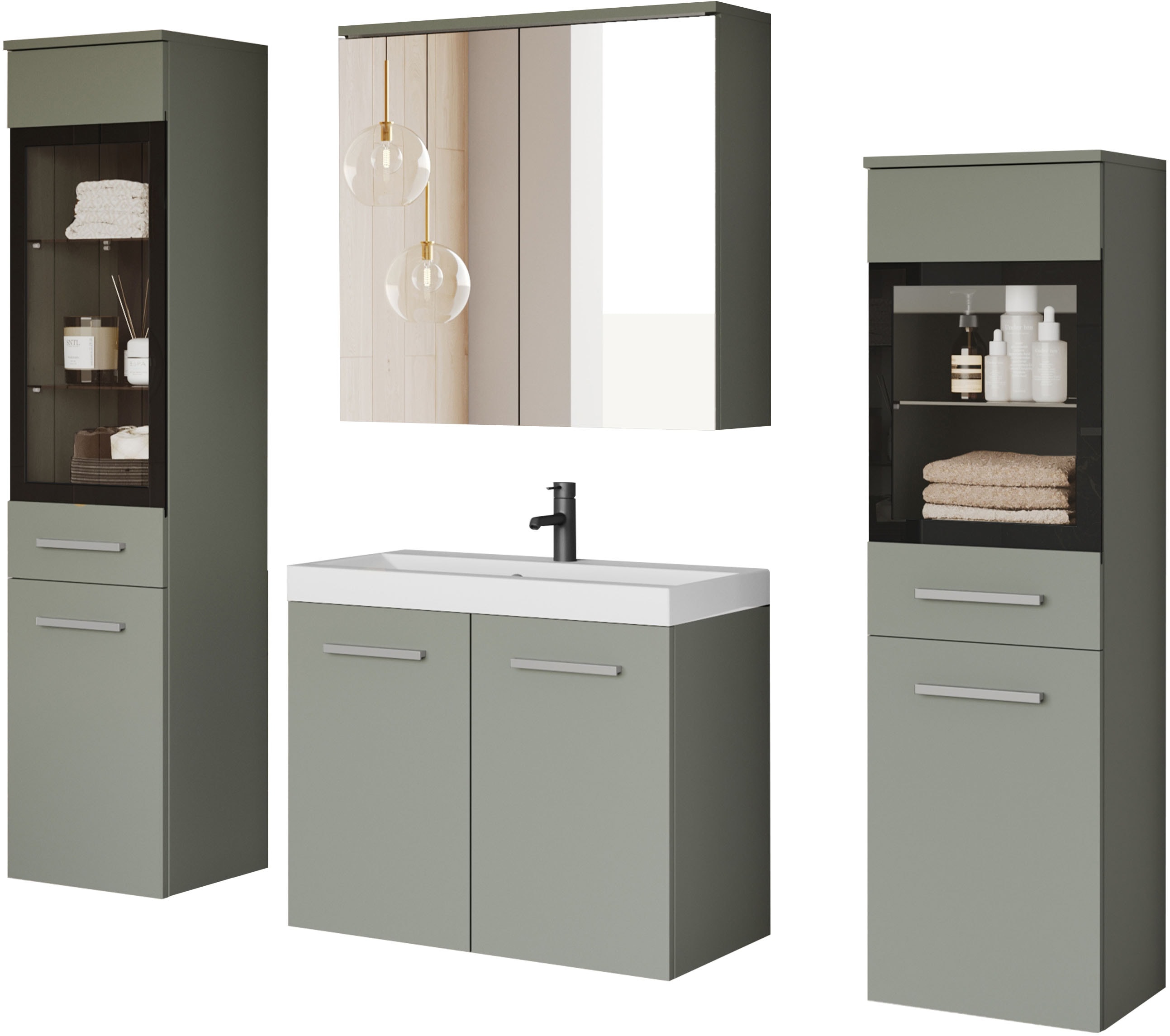 Badmöbel-Set WELLTIME "MADRIT II, Schrank mit Waschbecken, 2 Hänger, Spiegelschrank", grün (salbei), B:120,4cm H:131,5cm T:34,5cm, Holzwerkstoff, Kastenmöbel-Sets, Badmöbel-Set, Hängende Badmöbel mit Glaseinsätzen – in vielen Farben erhältlich