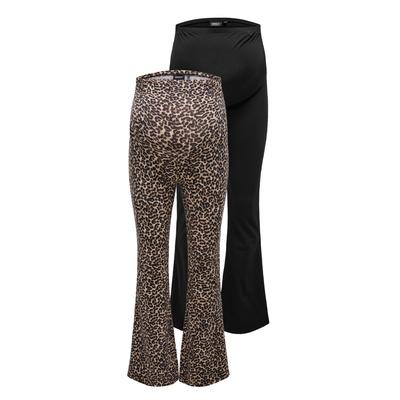 Umstandsleggings ONLY MATERNITY "OLMLOVELY LEO FLARED PANT 2-PACK NOOS", Damen, Gr. XL (42), N-Gr, schwarz pack:schwarz aop leopard, Jersey, Obermaterial: 95% Baumwolle, 5% Elasthan, bedruckt, animal-print, modisch, Hosen Image