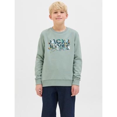 Sweatshirt JACK & JONES JUNIOR "JJGEPLAS SWEAT CREW NECK JNR", Jungen, Gr. 152, grün (iceberg grün), angeraute Sweatware, Obermaterial: 70% Baumwolle, 30% Polyester, bedruckt, modisch, regular fit normal, Rundhals, Langarm Rippbündchen, Sweatshirts Image