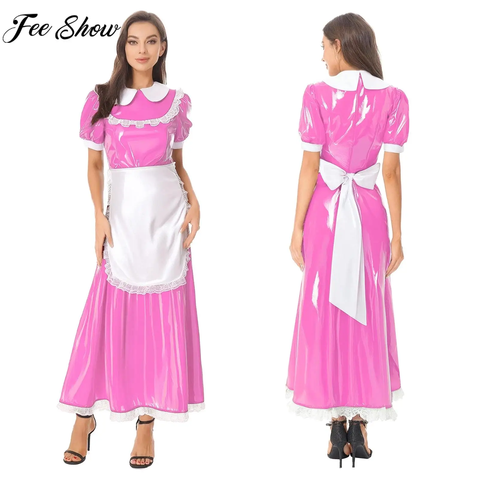 Französisches Dienstmädchen-Cosplay-Kostüm für Damen, kurzärmelig, Wet-Look, PU-Spitzenbesatz, Kleid mit Schürze, Diener-Uniform für Halloween, ausgefallene Party Image