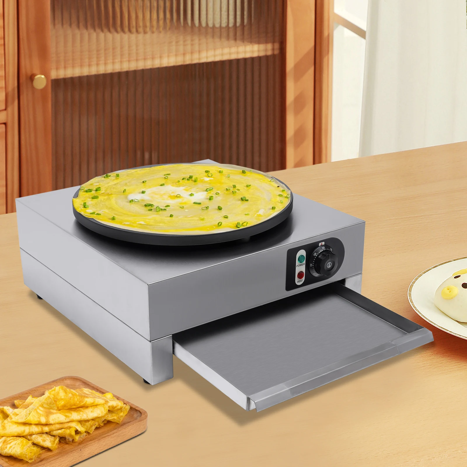 Elektrischer Crepes-Maker, 40 cm, für Crepes, Crepes-Maker, Crepes-Maker mit ausziehbarem Tablett, 3 kW, 220 V, 50–300 ° C Image