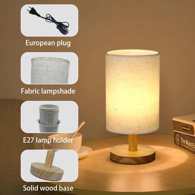 Massivholz Tischlampe Kleines Nachtlicht Steckertyp Stoff Lampenschirm Schlafzimmer Nachttischlampe Einfache Retro Homestay Tischlampe