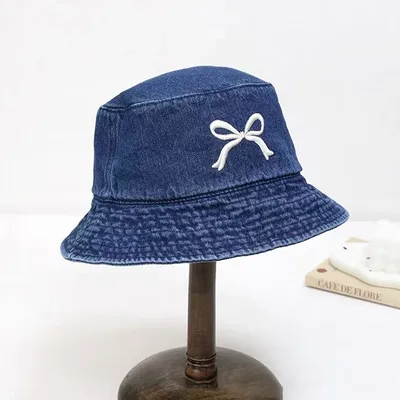 New Embroidery Butterfly Cotton Denim Bucket Hat For Women Outdoor Sunshade Fisherman Hat For Students Sun Cap Gift