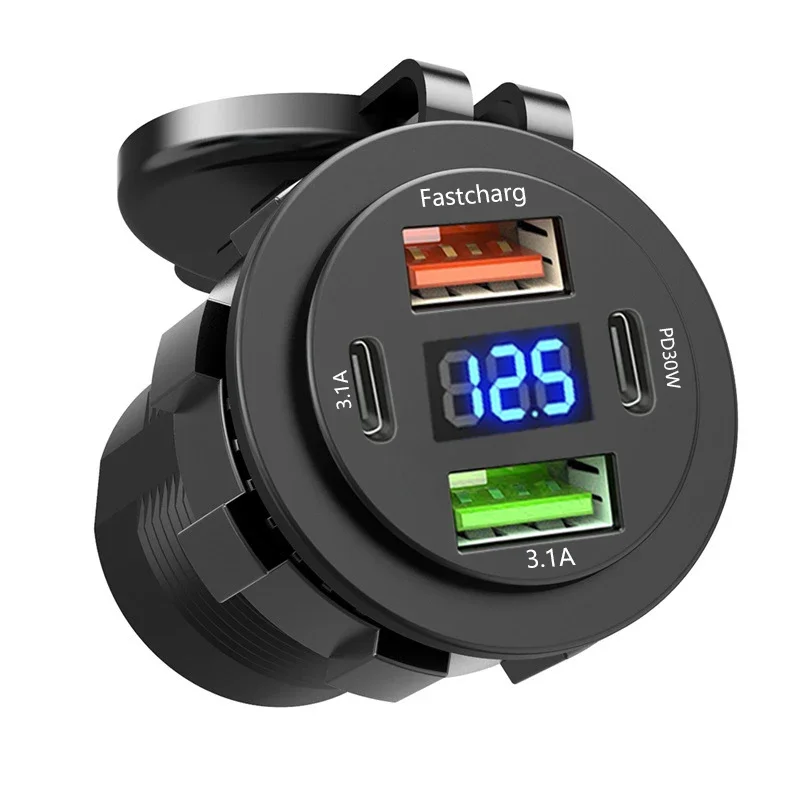 Auto-Ladegerät-Buchse, Dual Typ C und Dual-USB, 4 Ports, Schnellladebuchse, wasserdicht, mit Voltmeter, 12 V/24 V, für Auto, Boot, Motorrad Image