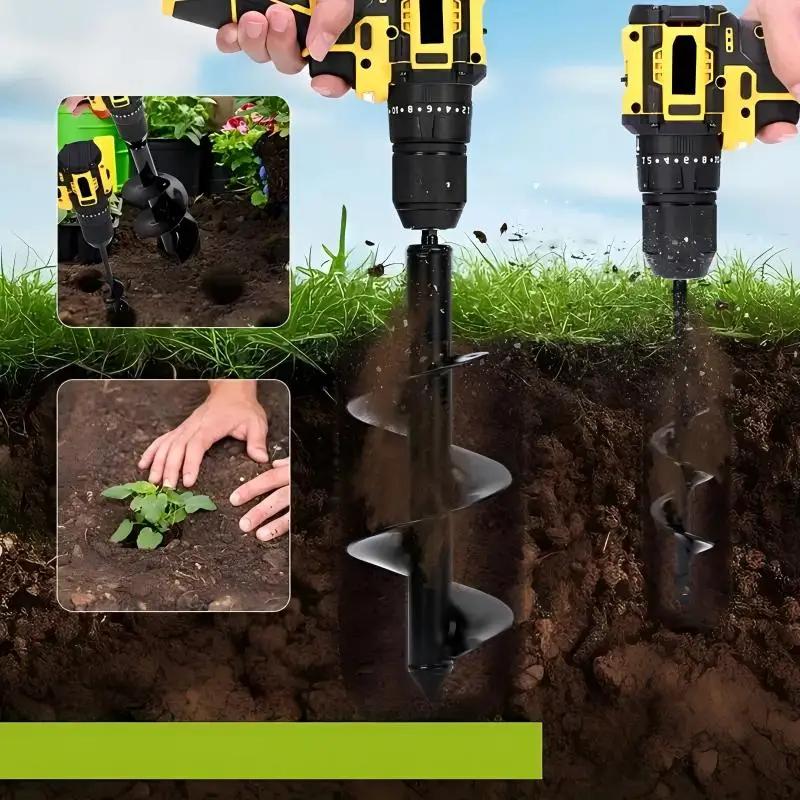 Robuster Spiral-Erdbohrer aus Metall zum Pflanzen – 3/8-Zoll-Sechskantantrieb, massiver Schaft, schwarzer Lochbohrer, hocheffiziente Garde Image