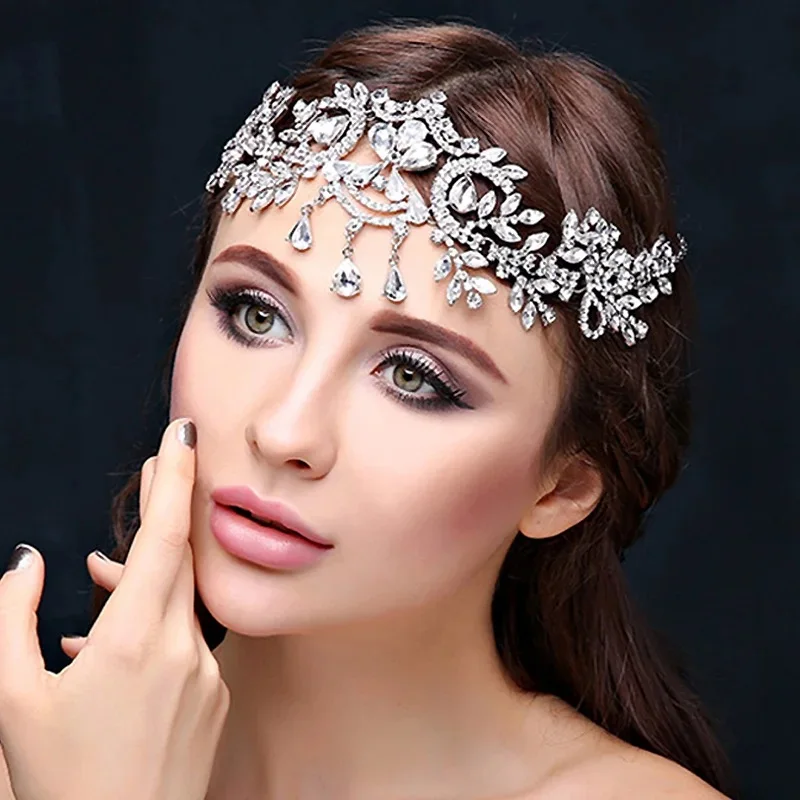 Silber Farbe Strass Hochzeit Stirn Kopfschmuck Kristall Tiara Braut Kette Stirnband Luxus Haar Zubehör Für Frauen Image