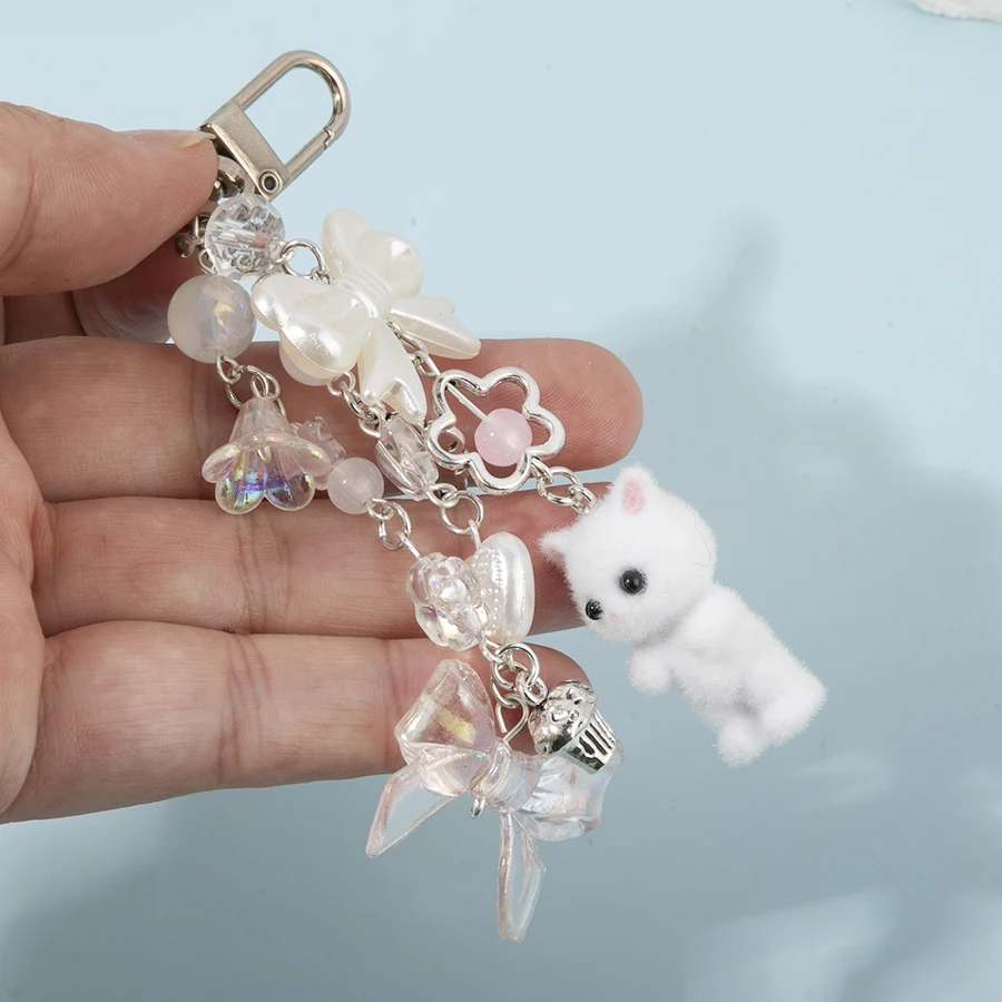 Nette Beflockung Simulation Tier 3D Katze Schlüsselbund Mädchen Bowknot Perlen Schlüssel Ring Kette Nette Tasche Geldbörse Handys Schlüsselring Schmuck Geschenk Image
