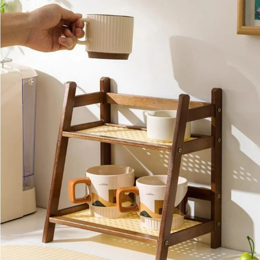 Arbeitsplatten-Organizer, 2-lagiger Kaffeetassenhalter, Mehrzweck-Aufbewahrungsregal aus Bambus für Hotel, Wohnung, Schminktisch, Küche, Zuhause