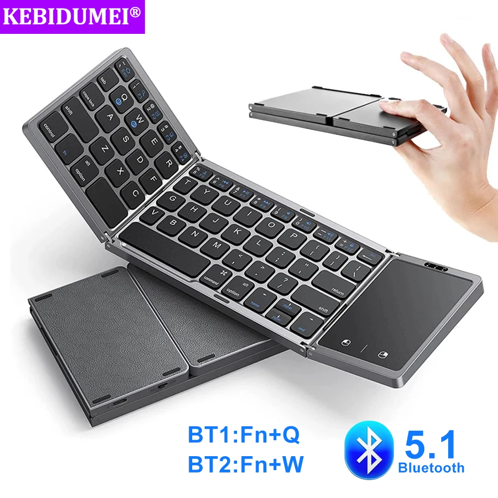 3-fach faltbare Tastatur, kabellose Mini-Tastatur, faltbare Dual-Bluetooth-Tastatur mit Touchpad für Windows, Android, iOS, iPad, Telefon Image