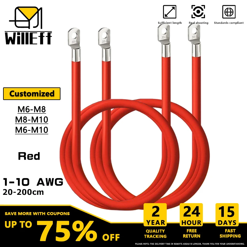Maßgeschneidertes Batterie-Wechselrichterkabel M6-M8 M8-M10 M6-M10 Rotes Anschlusskabel Silikonkautschukmaterial Weiches Überbrückungskabel für Auto Image