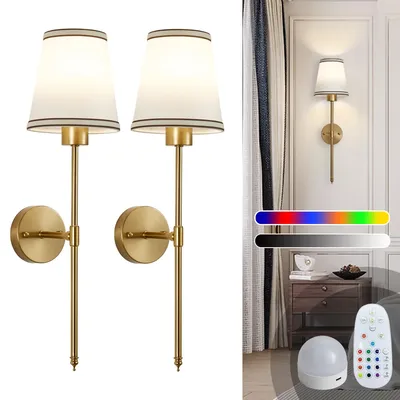 Battery Operated Wall Sconce Set of 2,Gold Rechargeable Wall Lights with 2500mAh Dimmable Detachable Bulbs and Remote