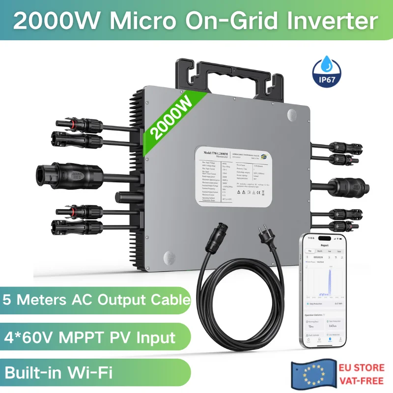 Micro inverter IP67 2000W su rete Plug & Play 230V 50Hz 4 ingressi fotovoltaici MPPT per sistema solare da balcone domestico con Wi-Fi integrato