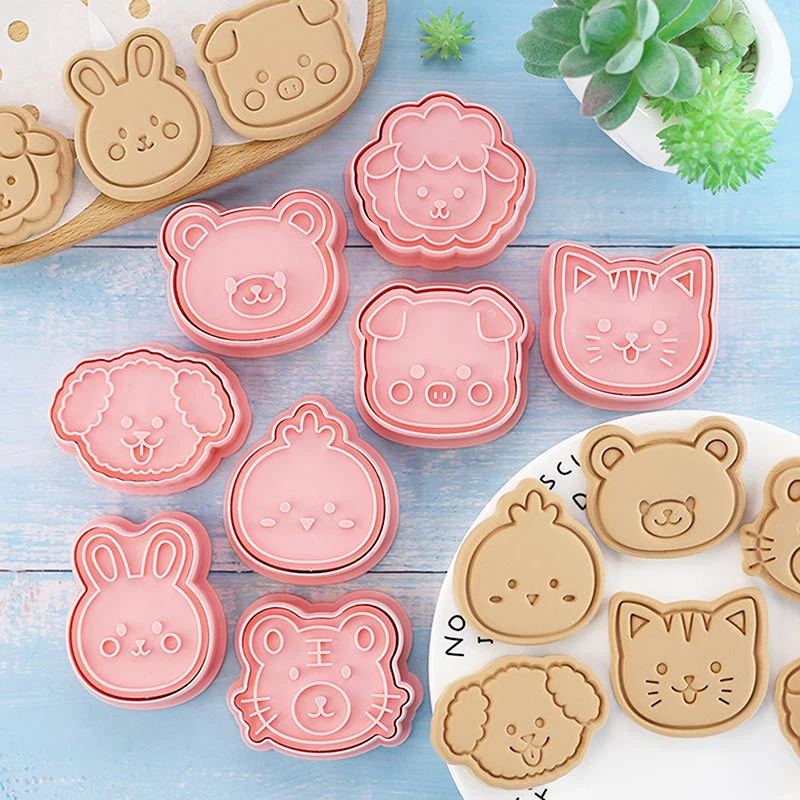 8Pcs Tiere Cookie Form Set Cartoon Cookie Stempel Fondant Kuchen Dekoration Werkzeuge 3D Hand Druck Kunststoff Image