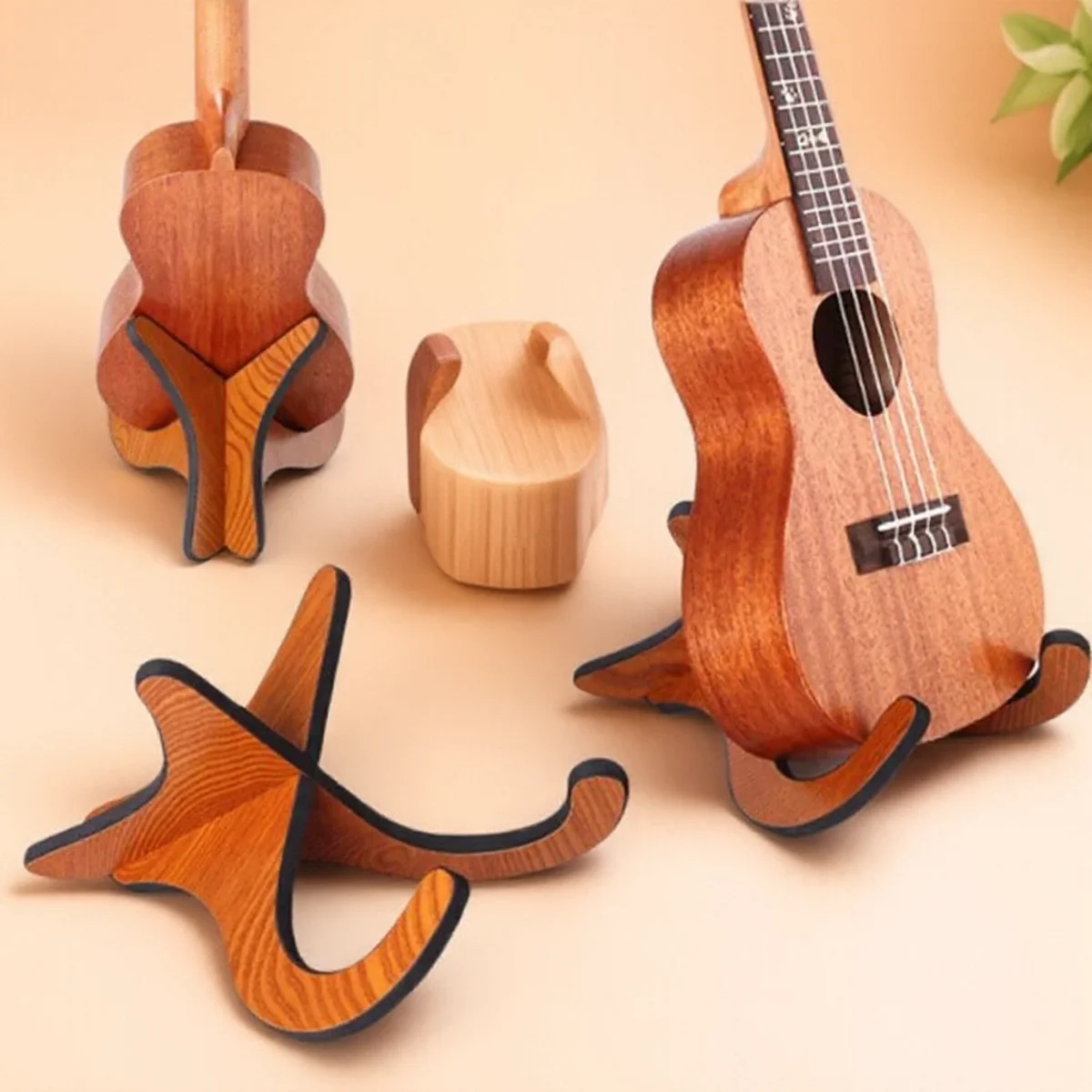Hölzerner Ukulele-Ständer, Gitarrenhalter für akustische E-Bass-Instrumente, Zubehör, Notenständer, tragbar, zusammenklappbar, Präsentationsständer Image