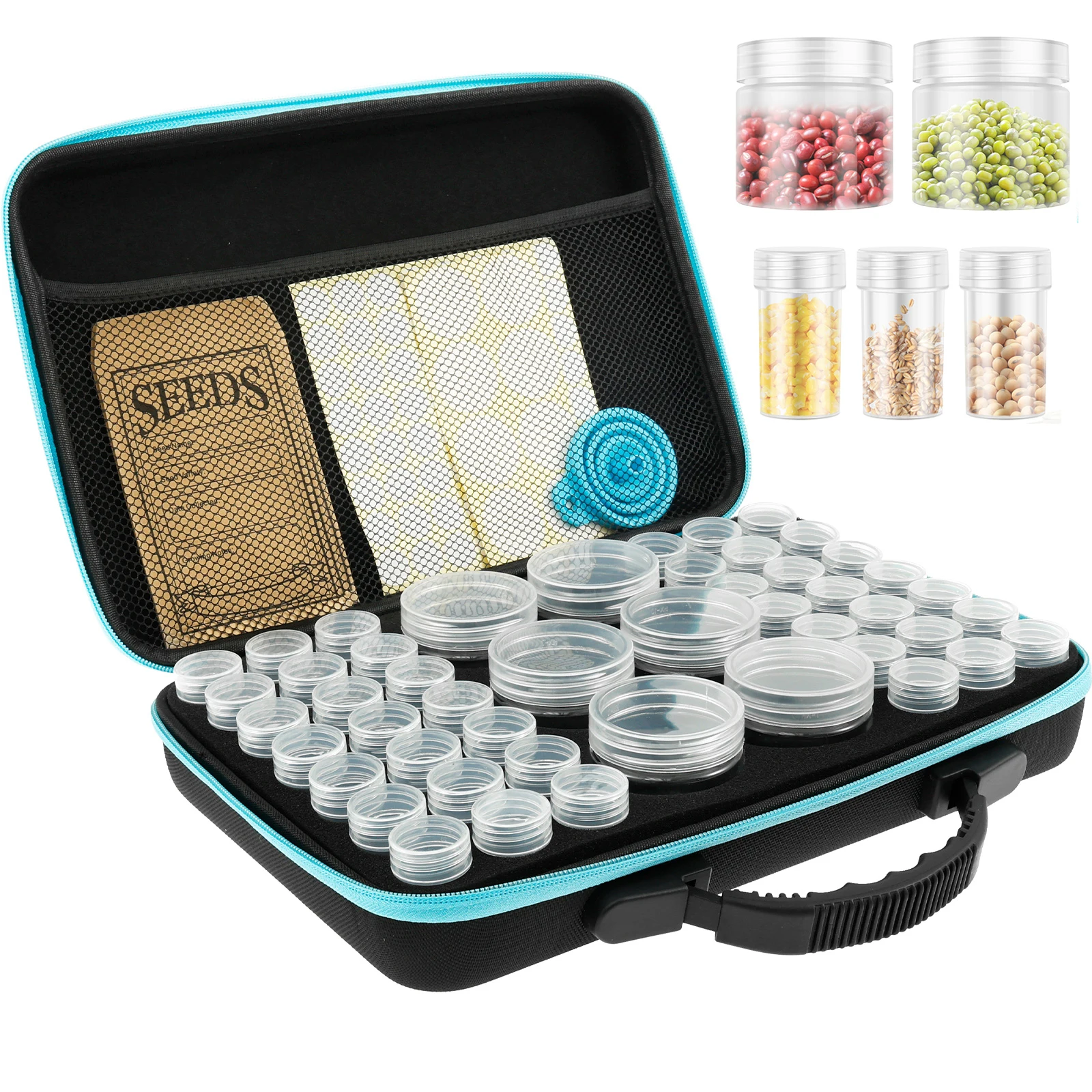 48-Flots-Aufbewahrungsbehälter für Samen mit Tasche, Flaschenaufkleber, Trichter, tragbar, für Garten, Gemüse, Blumensamen, Aufbewahrungsbox, multifunktional Image