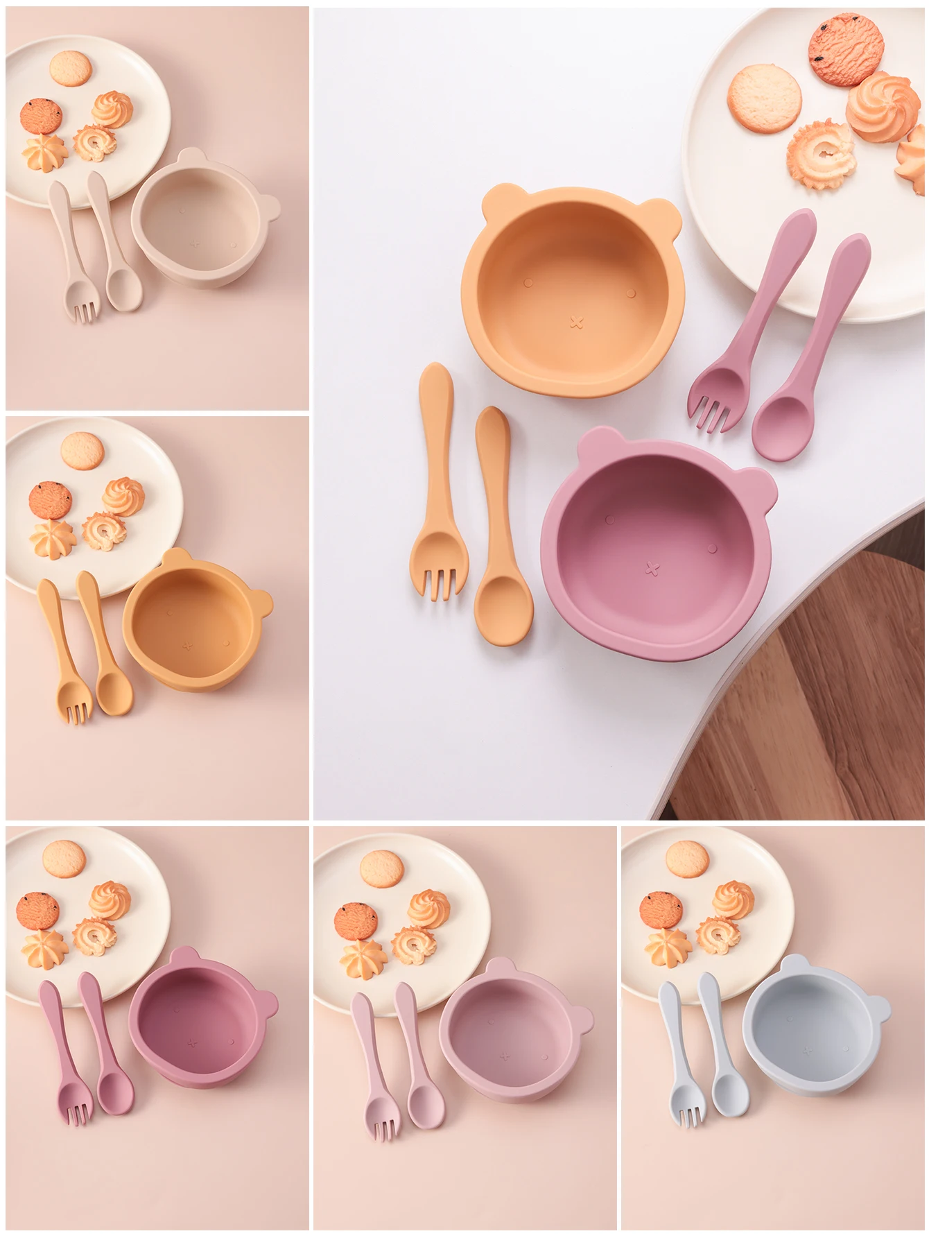 3PCS Silikon Baby Fütterung Schüssel Set Mit Saug Basis BPA FREI Kleinkind Utensilien Löffel Gabel Kinder Geschirr Ausbildung Platte Image