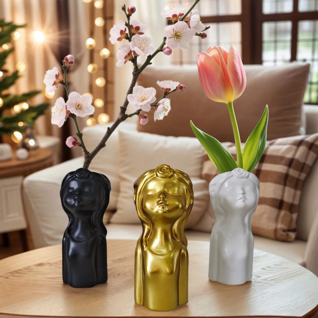 1-teiliges minimalistisches, menschlich geformtes Vasenornament, erhältlich in Schwarz/Gold/Weiß, Blumenarrangementgefäß für Wohnzimmer, Tischdekoration, kreatives Wohnaccessoire