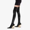 2023 neue geformte Ferse Tiger Zähne Design über Knie Stiefel spitzen Super faser High Heel Stiefel European American 43 Damenschuhe