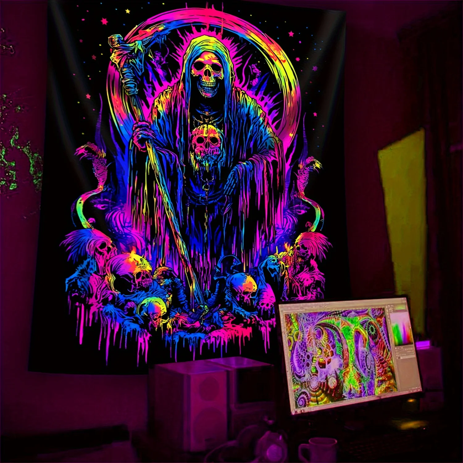 VIKAMA Neon Reaper Gaming Wandteppich Farbverlauf Cyberpunk Gaming Room Dark Room Decor Star Punch Art Hintergründe Image