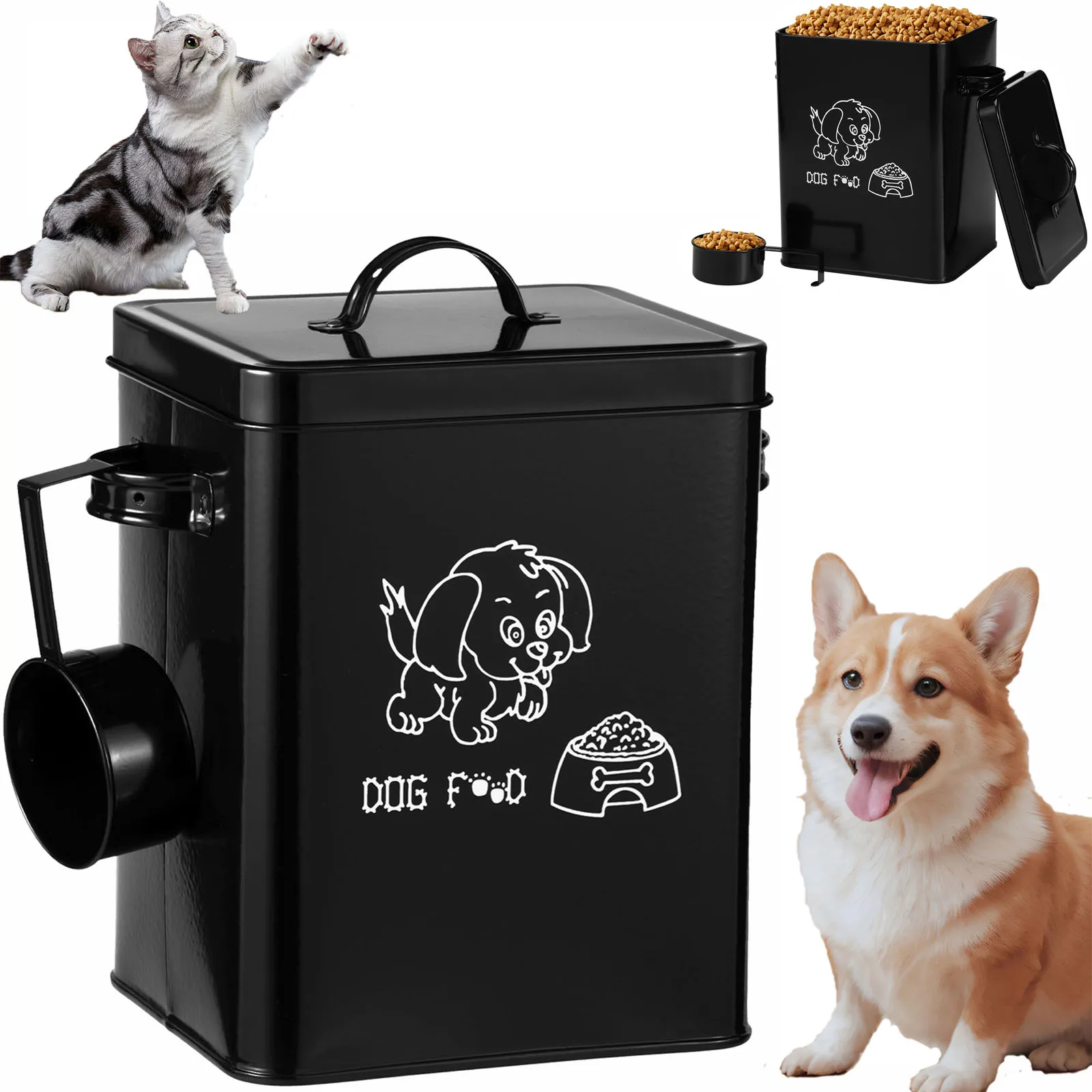 Boîte de stockage des aliments pour animaux de compagnie, conteneur de stockage des aliments pour chiens en métal, grande capacité, organisateur carré de nourriture pour chat avec couvercle et