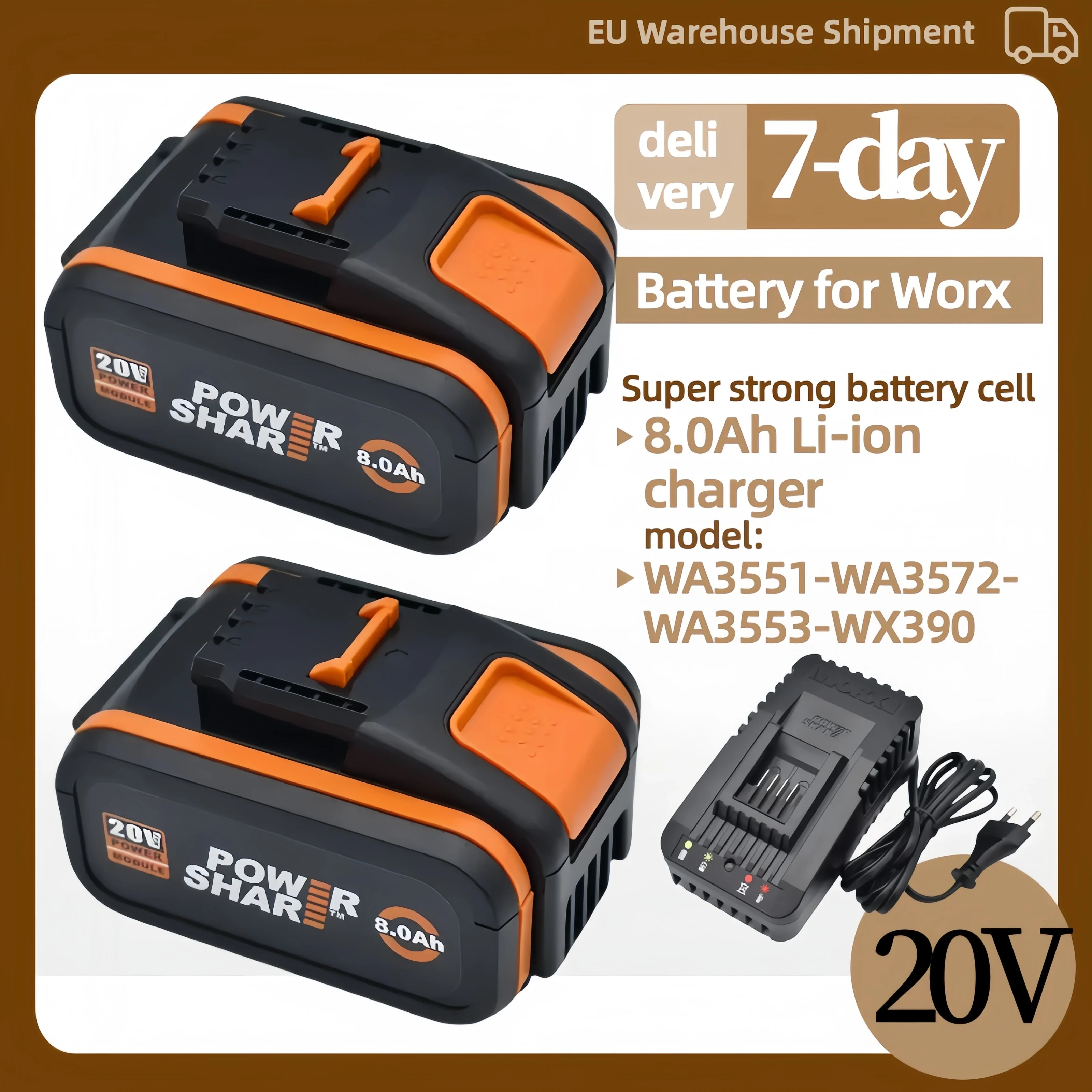 Original WORX 20V 8,0Ah Lithiumbatterie WA3553 WA3551 WA3553.1 WA3570 – wiederaufladbar für alle WORX-Werkzeuge Image