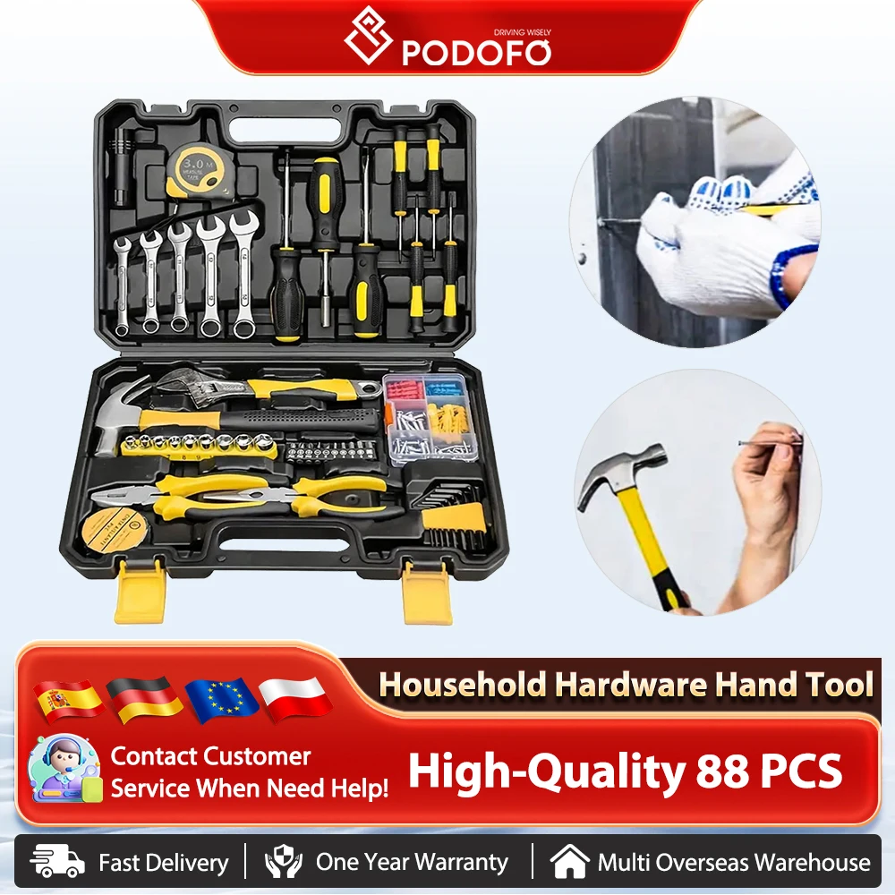 Podofo 88PCS set combinato di utensili manuali per hardware domestico, cassetta degli attrezzi multifunzione, adatta per riparazioni auto e fai da te a casa