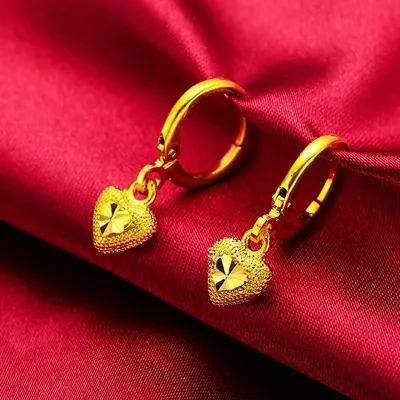 Drop-Heart Coin Stud Earrings for Women (24K AU999) - Double-Lined Drop Outline, Shiny-Matte Mix, Travel Wear, Natural Fluidity