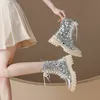 Sommer-Stiefeletten aus echtem Leder mit glitzernden Pailletten für Damen, klobige Absätze, Schnür-Silber-Booties, sexy Mesh-Sandalen, elegante Schuhe