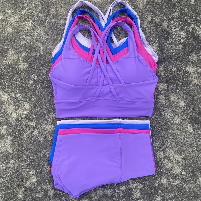 Einfarbig Gym Yoga Kurze Legging Set Weiche Enge Frauen Hohe Festigkeit Kreuz Zurück Fitness Bh Sport Radfahren Kurze 2pc sportswear Image